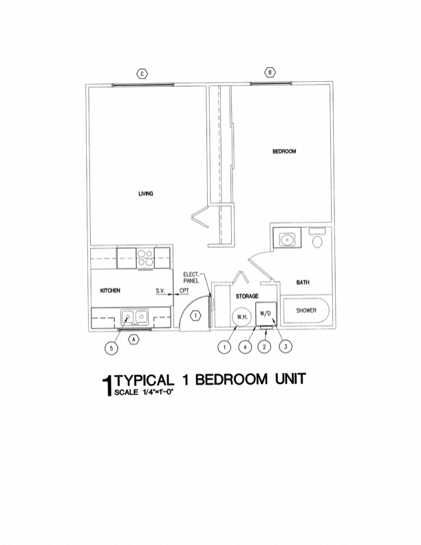 Floor plan for 1 bed, 1 bath, 576 sqft